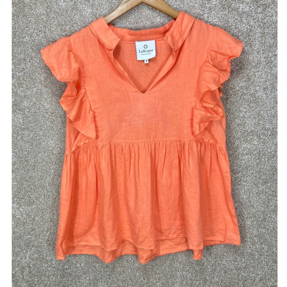 LaRoque Ruffle 100% Linen Blouse Womens Sz M Orange Coastal Lagenlook Minimalist